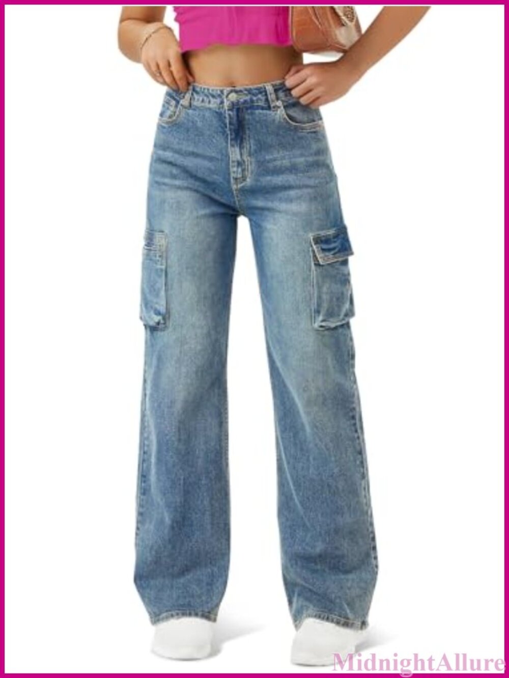 High Waist Baggy Cargo Jeans Flap Pocket Wide Leg Denim Pants